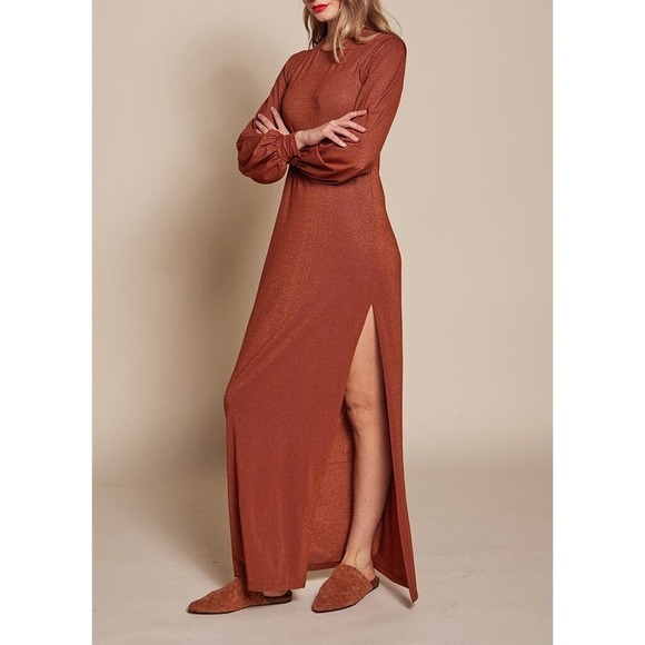 Enza Costa Dresses & Skirts - ENZA COSTA Lurex Jersey Split Maxi Dress Small Copper Sparkle Long Sleeve Retro